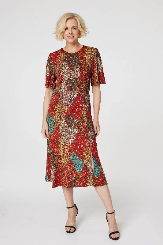 Peacock Print Jersey Midi Dress