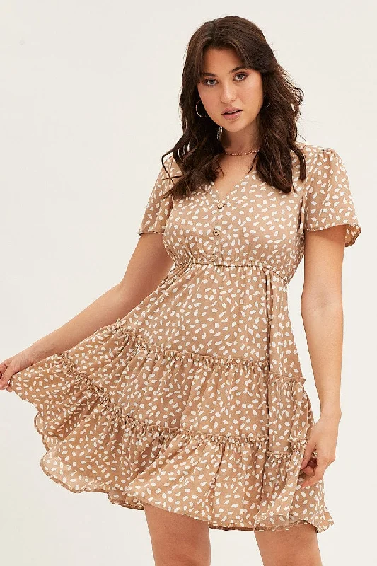 Geo Print Button Front Skater Dress