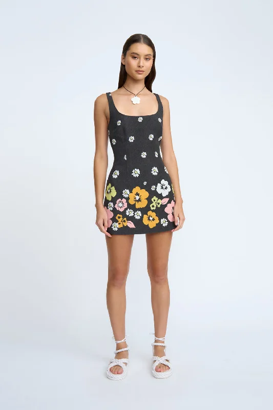 Golden Floral Linen Mini Dress| Final Sale - Black Multi Floral