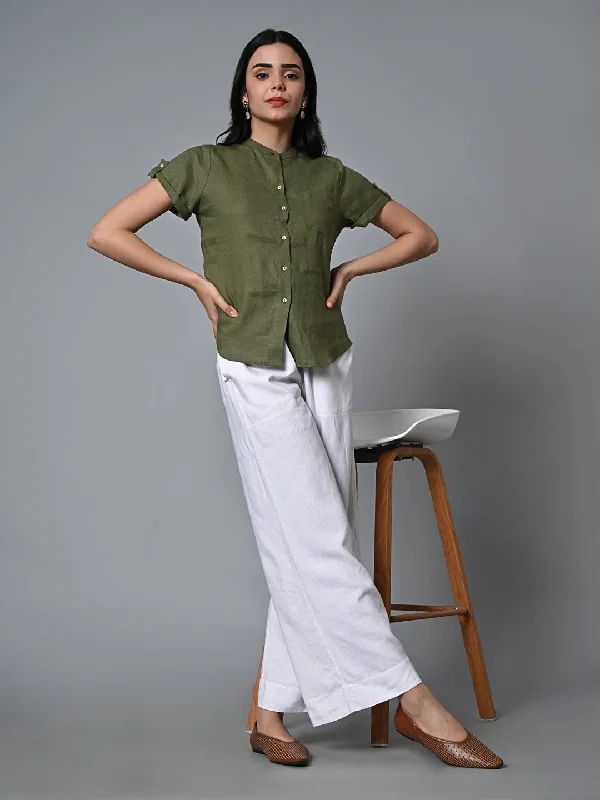 Women's Olive Linen Regular Fit Blouse