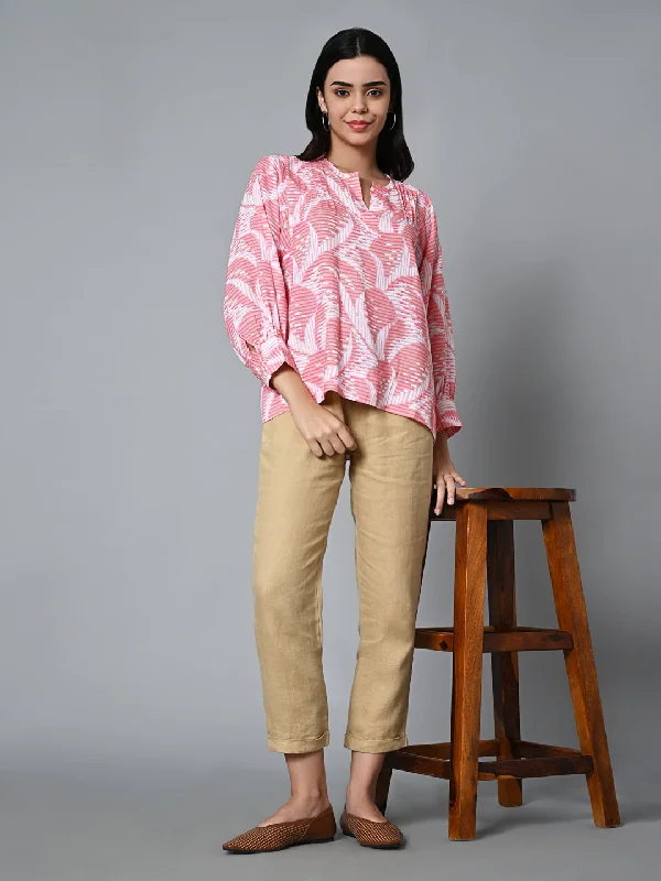 Women's Pink Lyocell Linen Boxy Fit Blouse