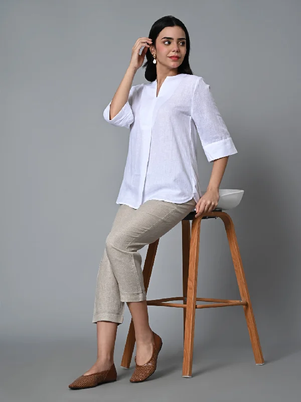 Women's White Linen Excel Regular Fit Blouse