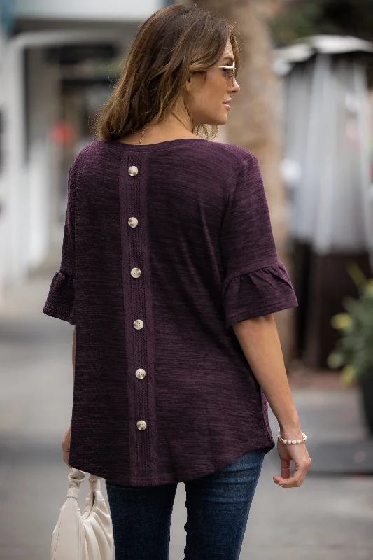 Button Back Flutter Sleeve Boatneck Top