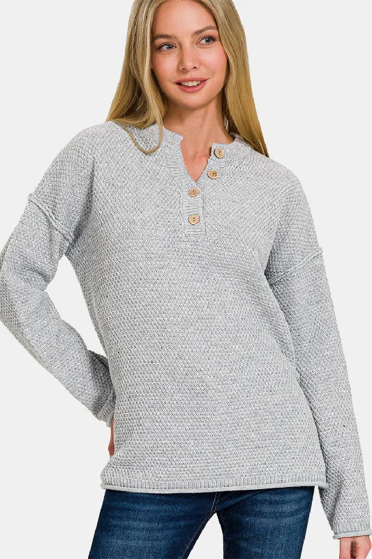 Button Closure Drop Shoulder Sweater