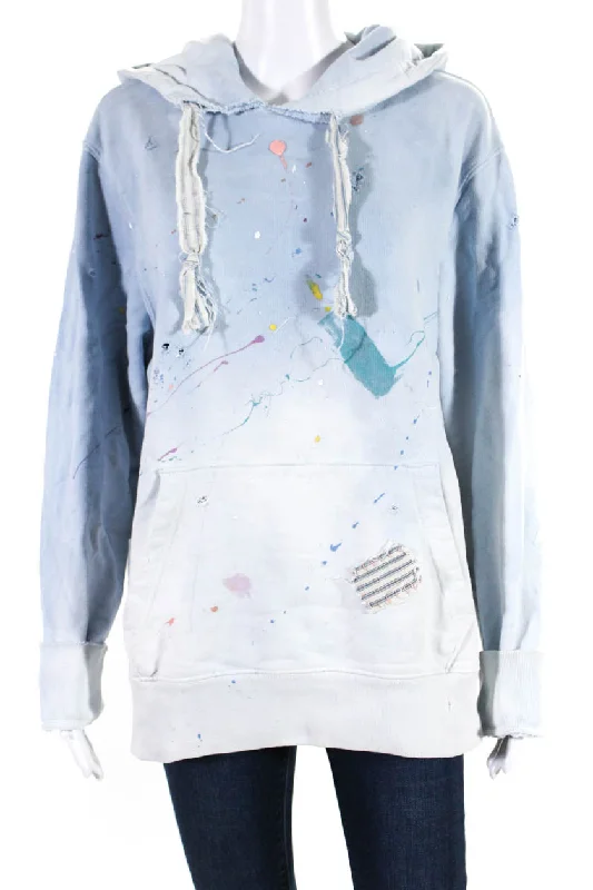 Camp Isidro Womens Distressed Paint Splatter Hoodie Sweatshirt Light Blue Medium