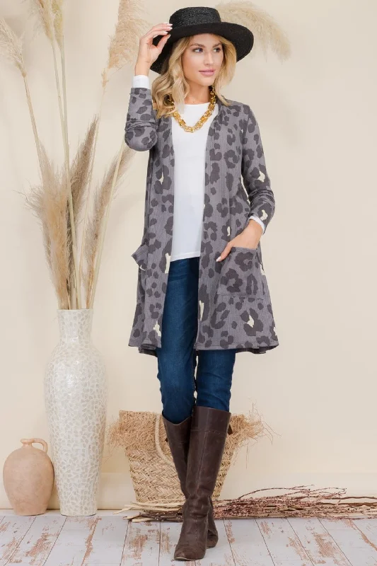 Full Size Leopard Open Front Contrast Cardigan