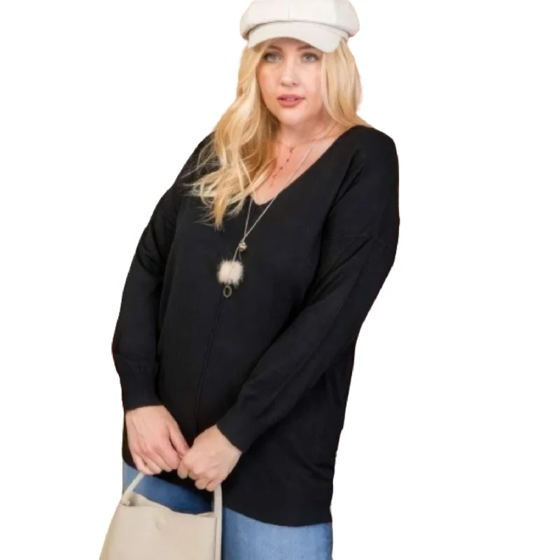 Plus Size V Neck 3/4 Sleeve Side Slit Hi-lo Sweater