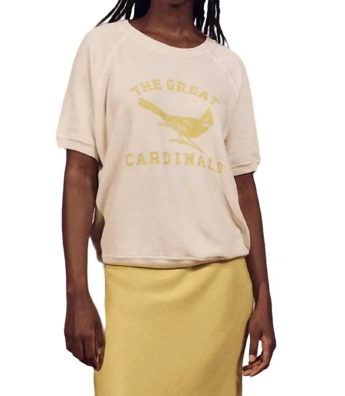 Short Sleeve Sweatshirt In Washed White With Perched Cardinal Graphic