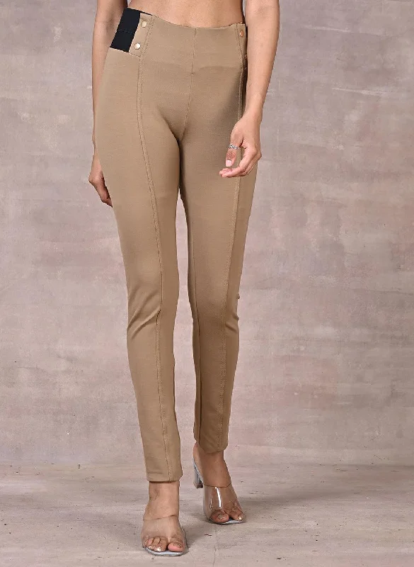 Anaya Beige Skinny Fit Trousers for Women