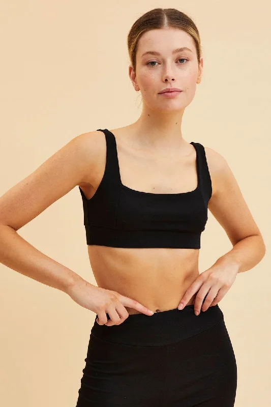 Black Crop Top Square Neck Cotton Stretch