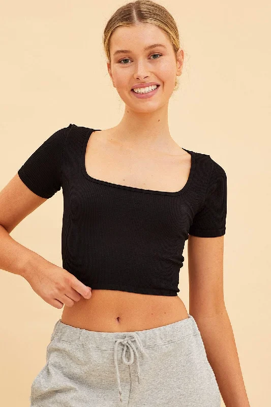 Black Seamless T-Shirt Crop Short Sleeve Square Neck