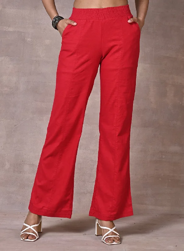 Akiya Red Cotton Linen Relaxed Fit Pants for Women