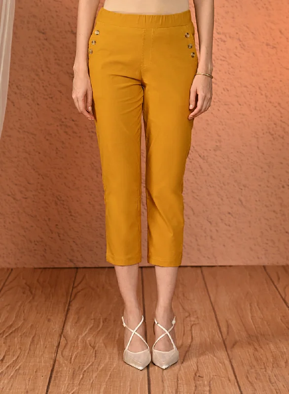 Mehr Mustard Cotton Relaxed Fit Trousers for Women