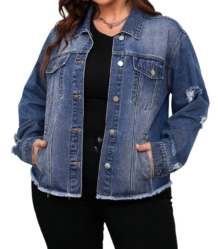 Plus Size Distressed Flap Pocket Denim Jacket In Dark Blue