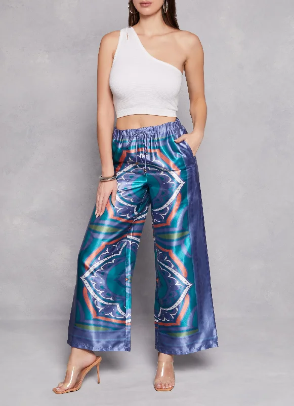 Satin Border Printed Wide Leg Pants