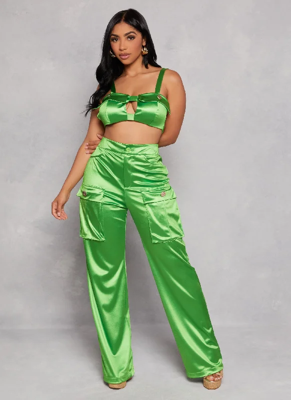 Satin High Waist Cargo Pocket Pants