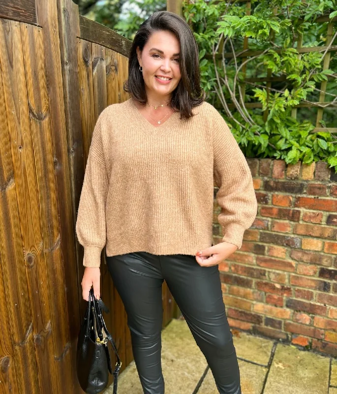 Biscuit Ribbed V Neck Jumper