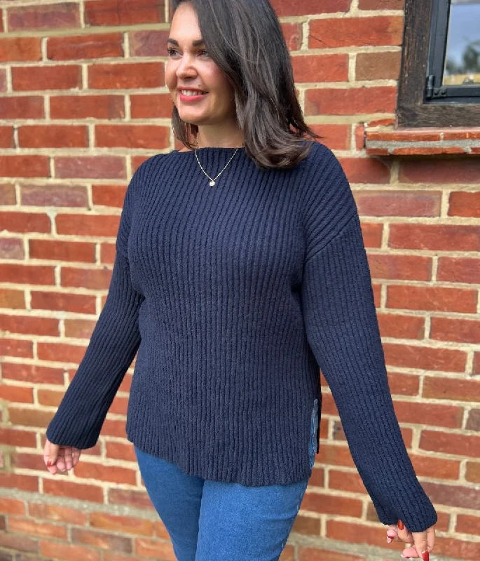 Navy Ribbed Boat Neck Jumper